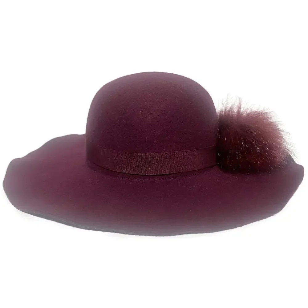 Torrid Wide-Brim Felt Hat With Fur Pom-Pom Deep Burgundy Purple Size S/M